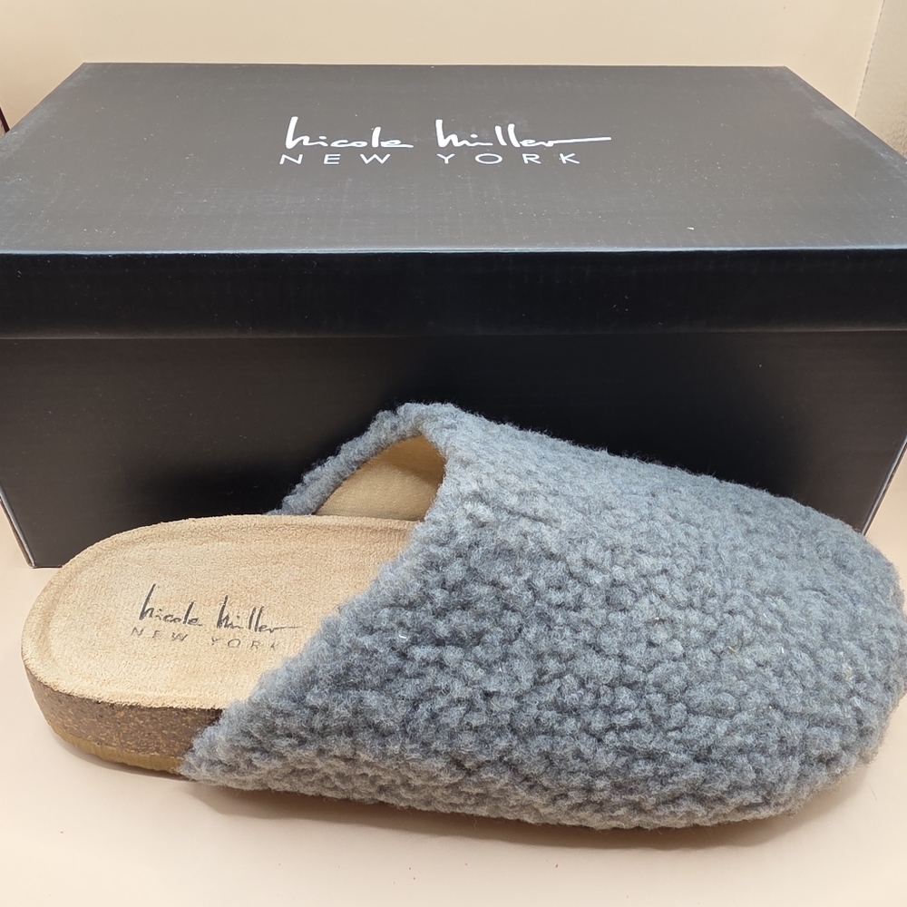 New- Nicole Miller Bondy Mule Slippers Women's 7 Sherpa Slip-On Warm Grey
